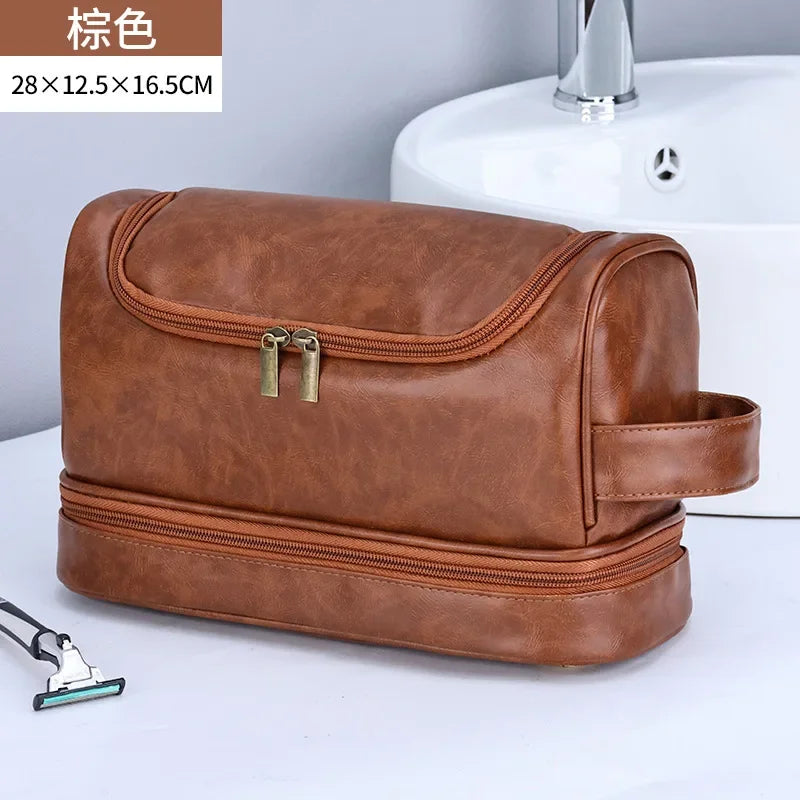 Hängender Kulturbeutel aus PU-Leder – Großer Reise &amp; Waschbeutel mit Doppel-Fach für Herren 