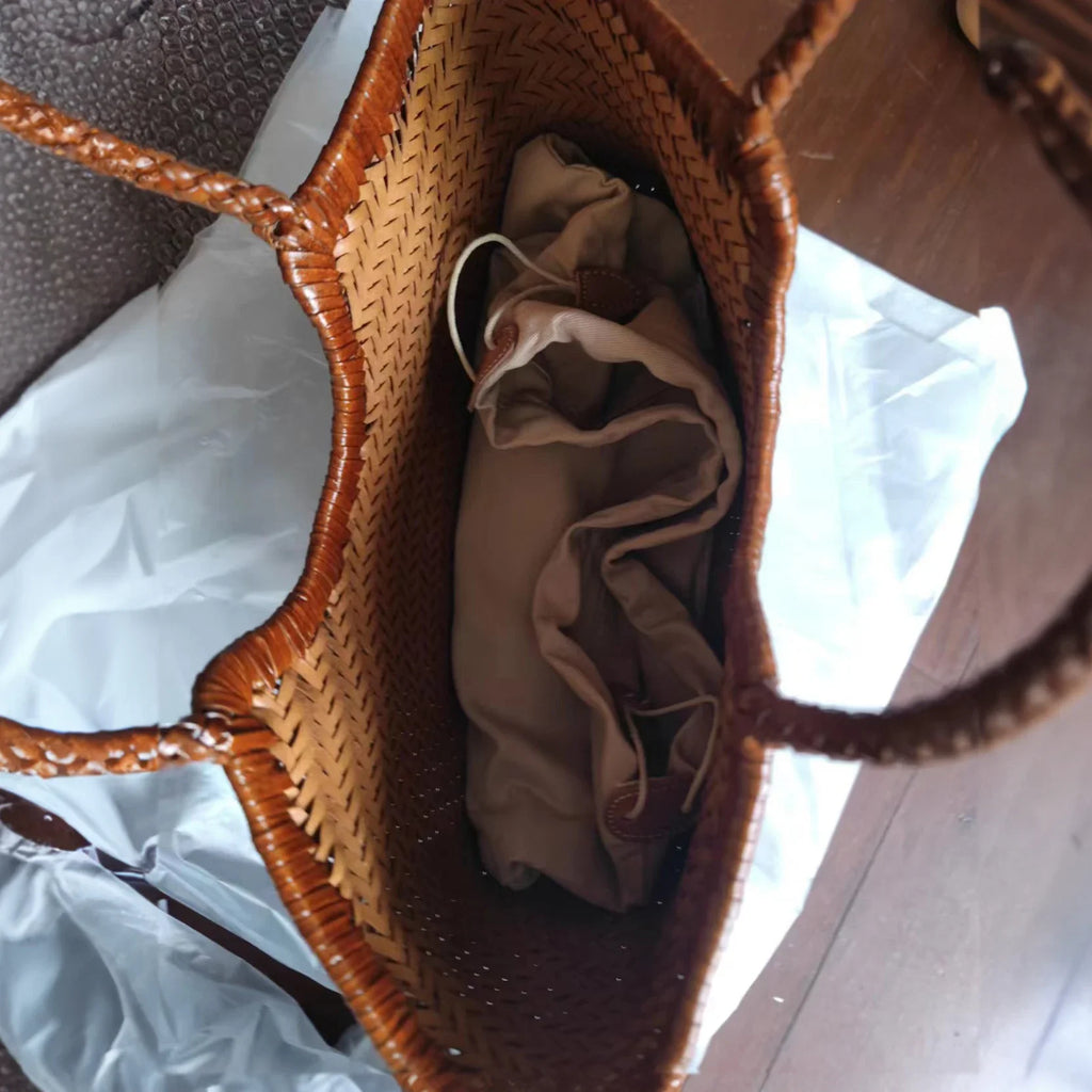 Damen Schultertasche aus echtem Leder – Handgeflochtene Vintage Tote Bag aus Rindsleder, große Shoppingtasche