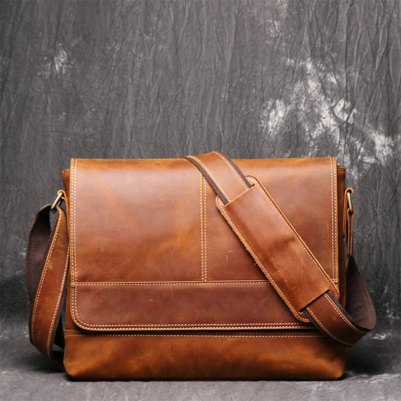 LEATHFOCUS Herren Leder-Umhängetasche – Echtes Crazy Horse Rindsleder, Vintage Messenger Bag, Handmade Satchel für A4-Dokumente