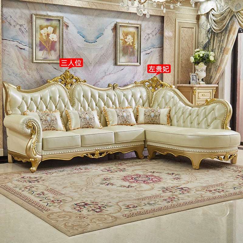 Europäisches Leder Ecksofa im französischen Stil – Massivholz Wohnzimmersofa in Champagner-Gold, L-Form Kombination