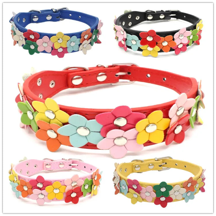 Buntes Blumen Hunde-Halsband aus Leder – Doppelreihiges Flower Pet Collar mit Schnalle für Welpen & kleine Hunde