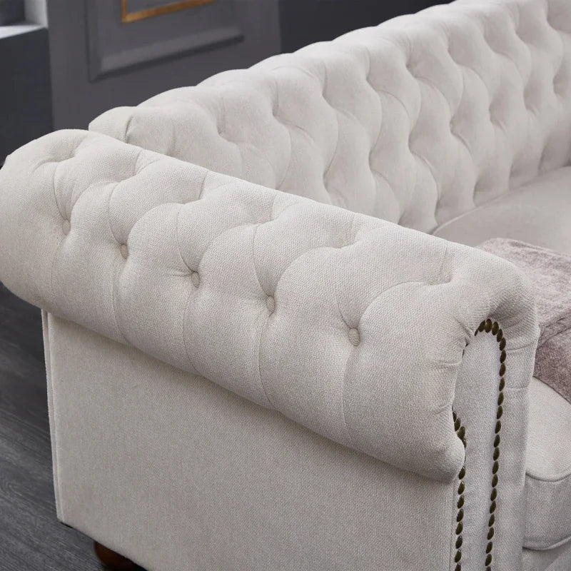 Beiges Chesterfield Sofa aus Leinenstoff – Elegantes 3-Sitzer Wohnzimmer Sofa im modernen Stil