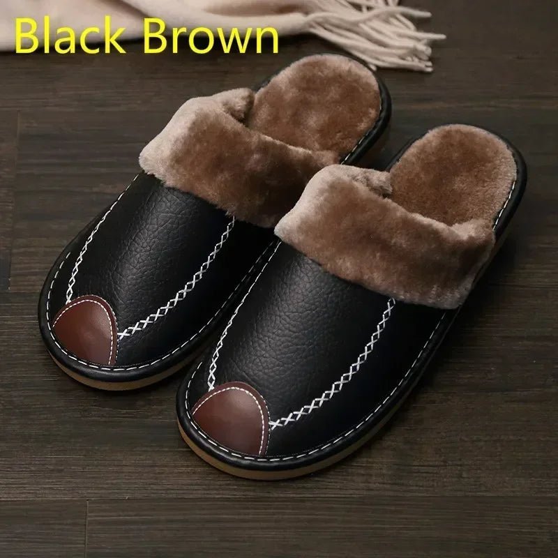 Herren Winter Hausschuhe aus PU-Leder – Warme Indoor Slipper mit Plüschfutter, Rutschfeste &amp; Wasserabweisende Lederschuhe für Zuhause 