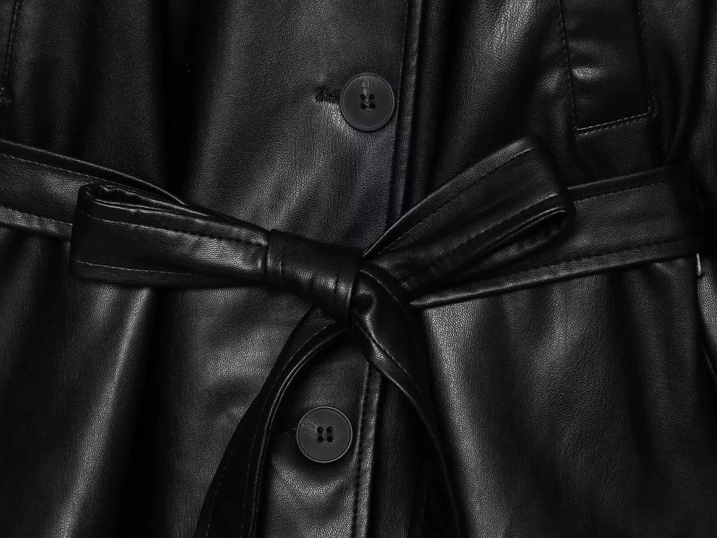 ETJ Damen PU Leder Trenchcoat 2025 – Kurzer Kunstledermantel mit Gürtel, eleganter Casual Lederoptik-Mantel für Herbst &amp; Winter