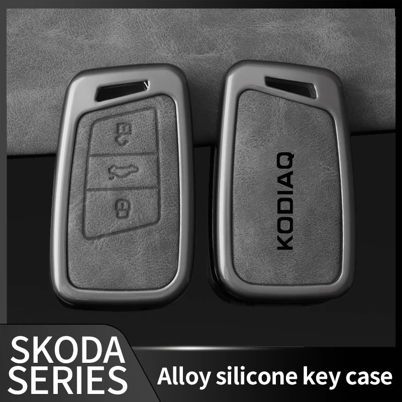 Premium Leder-Metall Autoschlüssel Hülle für Skoda Kodiaq – Elegantes Keyless Key Case Cover mit robuster Schutzhülle