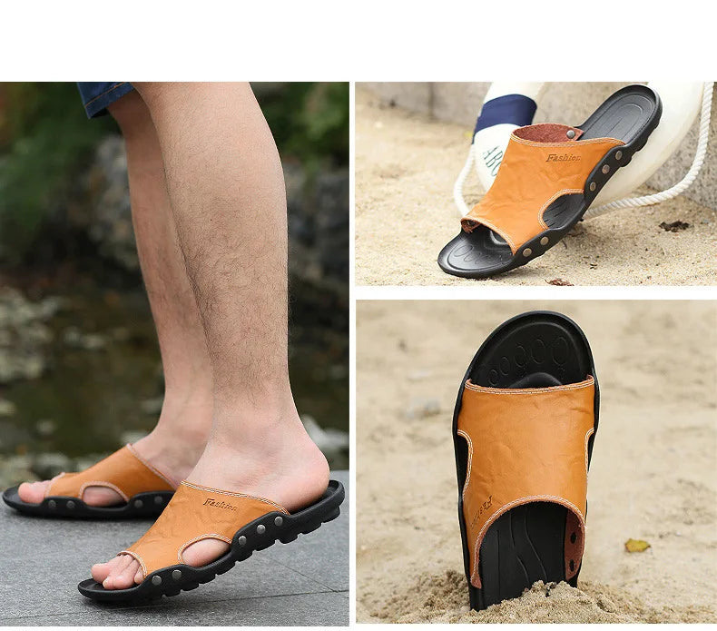 doefhom Herren Lederslipper 2025 – Sommerliche Casual Slides aus echtem Rindsleder, Strand- und Straßenschuhe, Größen für große Füße