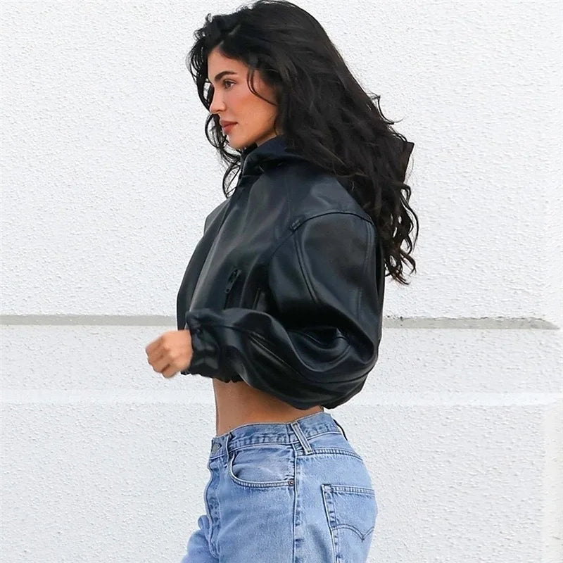 SITMCF Damen Kurzjacke aus PU Leder – Schwarze Hooded Cropped Jacket mit Reverskragen, Streetwear Style für Frühling & Herbst