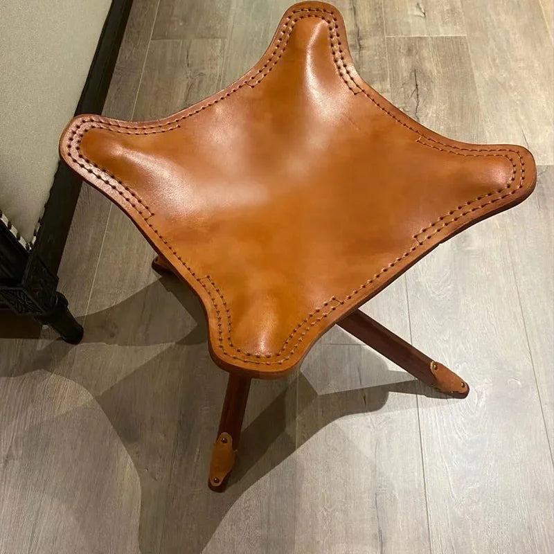 Vintage Leder & Massivholz Hocker – Kompakter Schuhwechsel- & Fußhocker im Retro-Morocco-Stil, stabiler Wohn- & Sitzhocker
