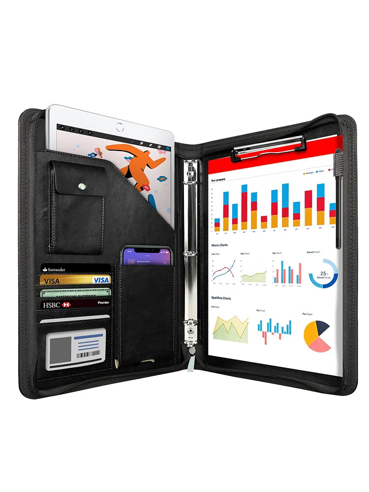 Multifunktionale A4 Konferenzmappe aus PU Leder – Business Dokumentenmappe mit Reißverschluss & Organizer