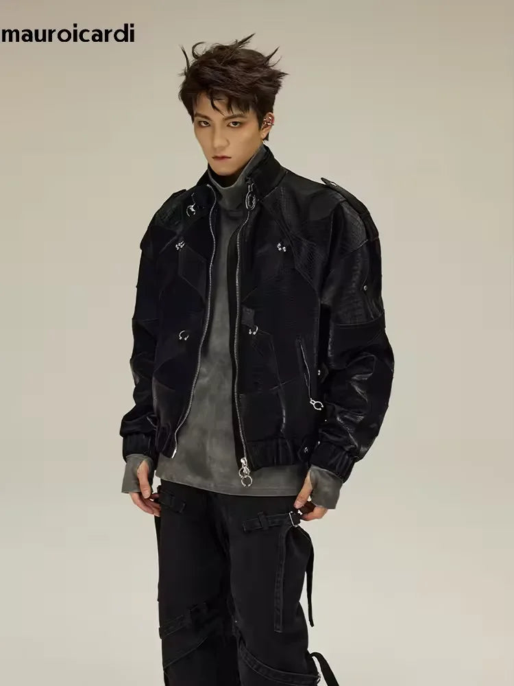 Herren PU-Lederjacke mit Krokodil-Prägung – Kurz geschnittene Designer Jacke im Colorblock Look, Luxury High-Street Style für Frühling & Herbst