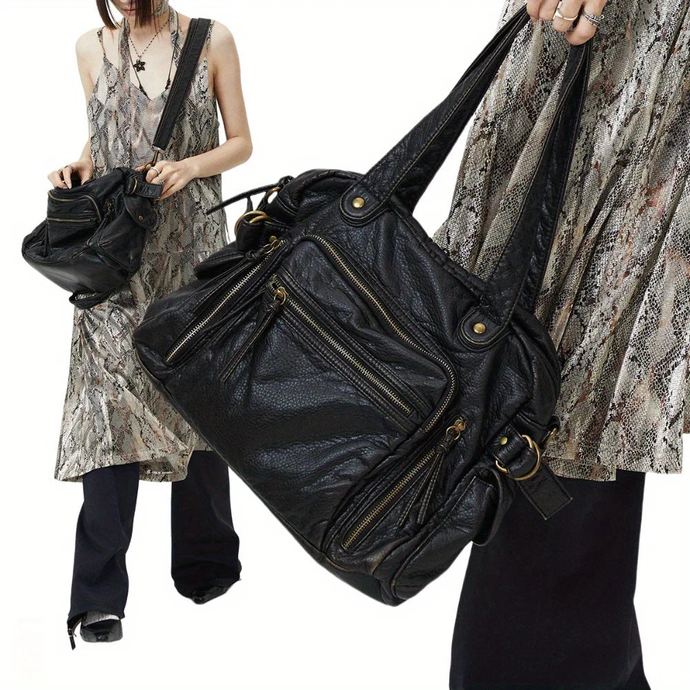 Sac fourre-tout rétro en cuir PU – Sac à main de style moto avec multi-tâches et gros sacs, sac à bandoulière Y2K Punk pour femme