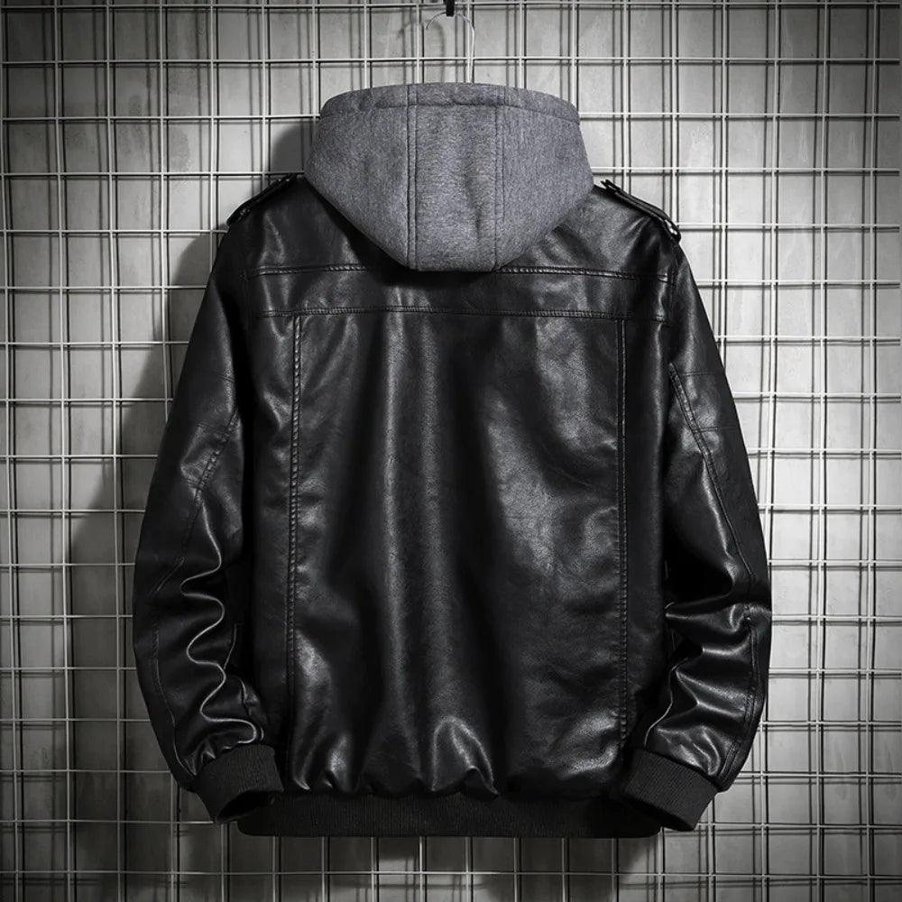 Herren PU Lederjacke mit Kapuze – Motorradjacke im Harajuku Style, abnehmbare Kapuze & Reißverschluss für Herbst & Winter
