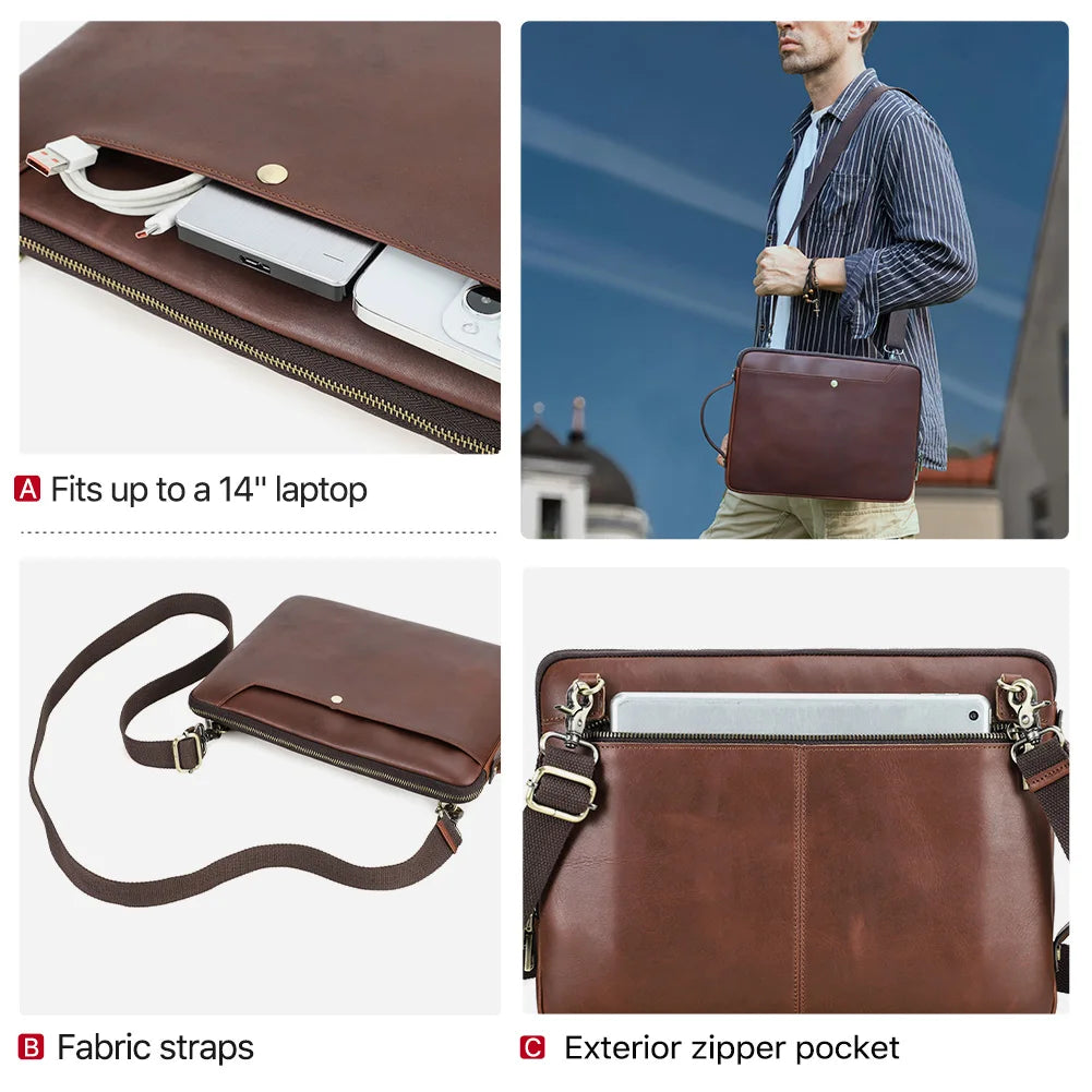 Herren Echtleder Laptop Tasche für MacBook 13–14 Zoll – Vintage Business Handtasche & Crossbody Aktentasche aus Rindsleder