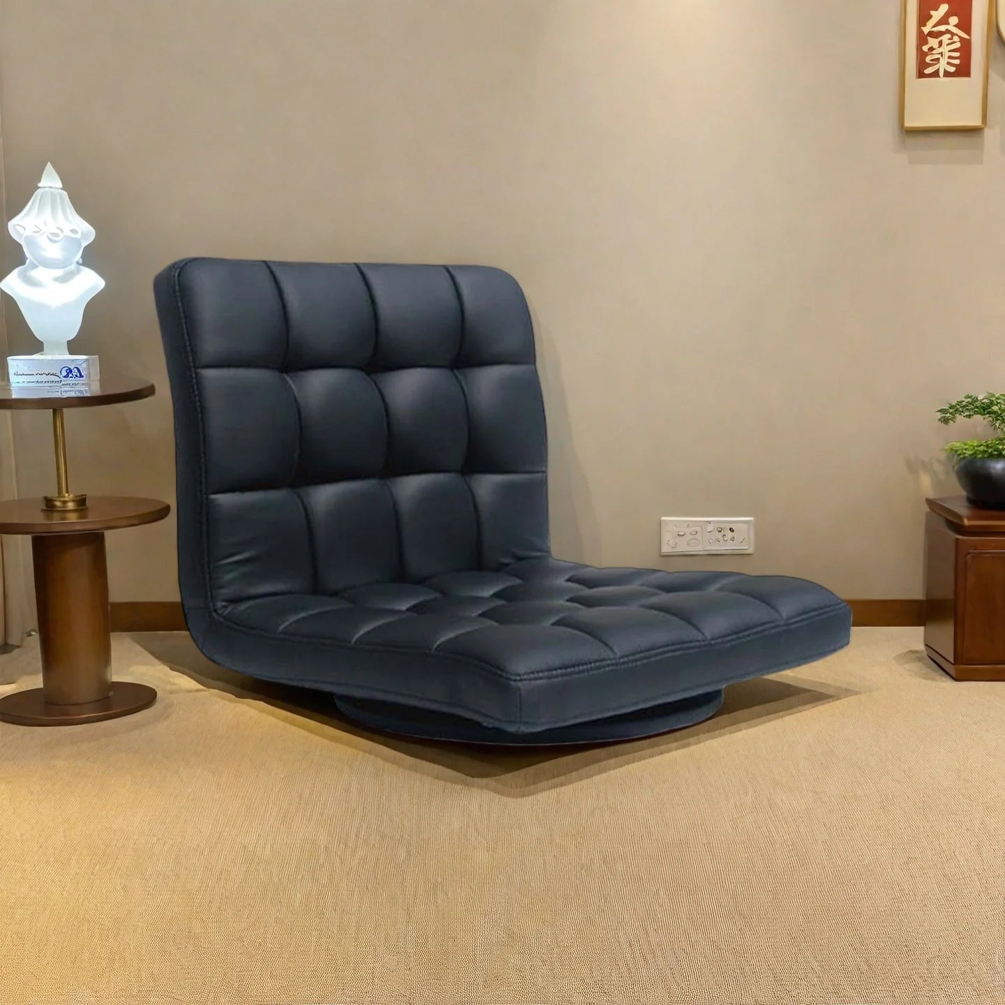 Japanischer Zaisu Leder-Bodenstuhl mit 360° Drehfunktion – Meditations- & Tatami-Stuhl ohne Beine für Wohnzimmer & Entspannungsbereiche