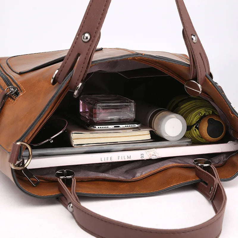 FXZLLQ Bolso de mano retro de cuero para mujer: bolso de mano con bolsillo con cremallera doble, bolso clásico para estudiantes y cruzados para negocios y negocios