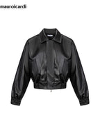 Herren PU-Lederjacke Oversized – Kurze schwarze Designer Jacke mit Reißverschluss, American Vintage Style für Frühling & Herbst