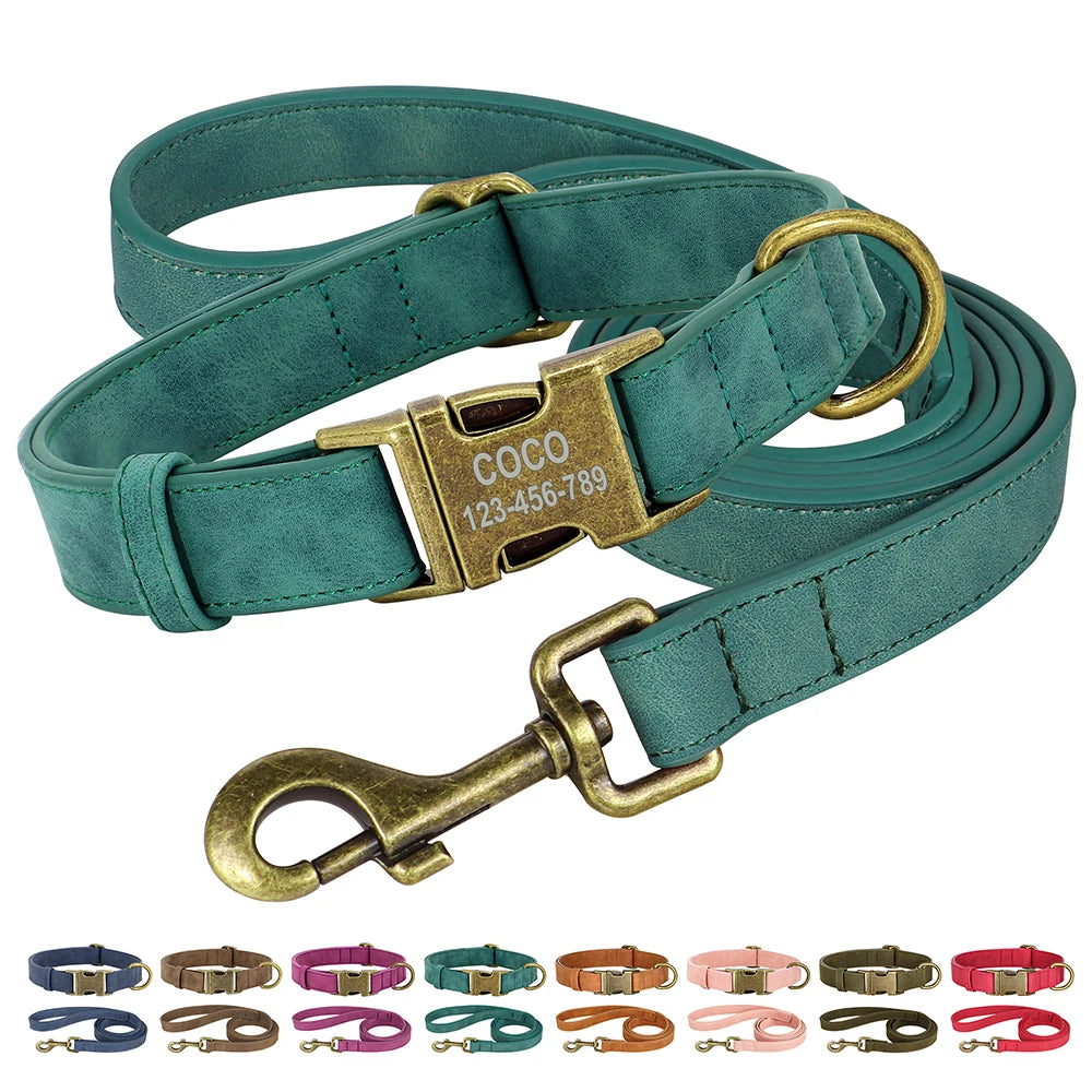 Personalisiertes Hunde-Halsband & Leinen-Set aus PU-Leder – Gepolstertes ID-Halsband mit gravierter Schnalle für kleine, mittlere & große Hunde