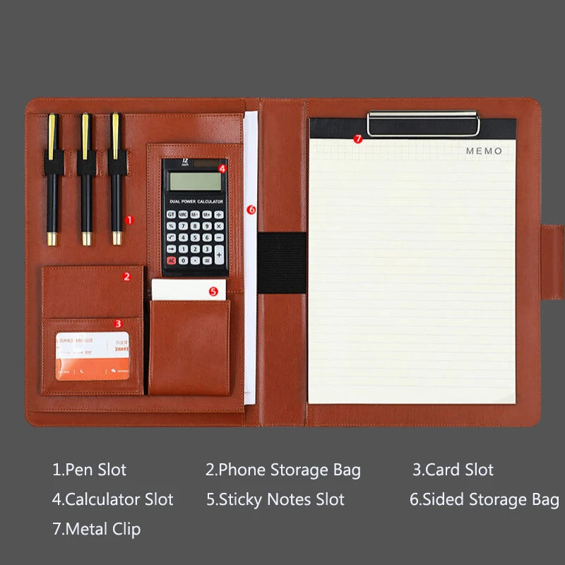 Professionelle Leder A4 Konferenzmappe mit Klemmbrett &amp; Taschenrechner – Portafolio de negocios para oficinas y reuniones