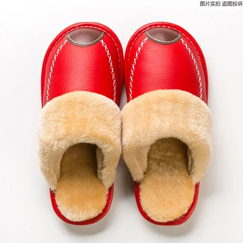 Herren Winter Hausschuhe aus PU-Leder – Warme Indoor Slipper mit Plüschfutter, Rutschfeste & Wasserabweisende Lederschuhe für Zuhause