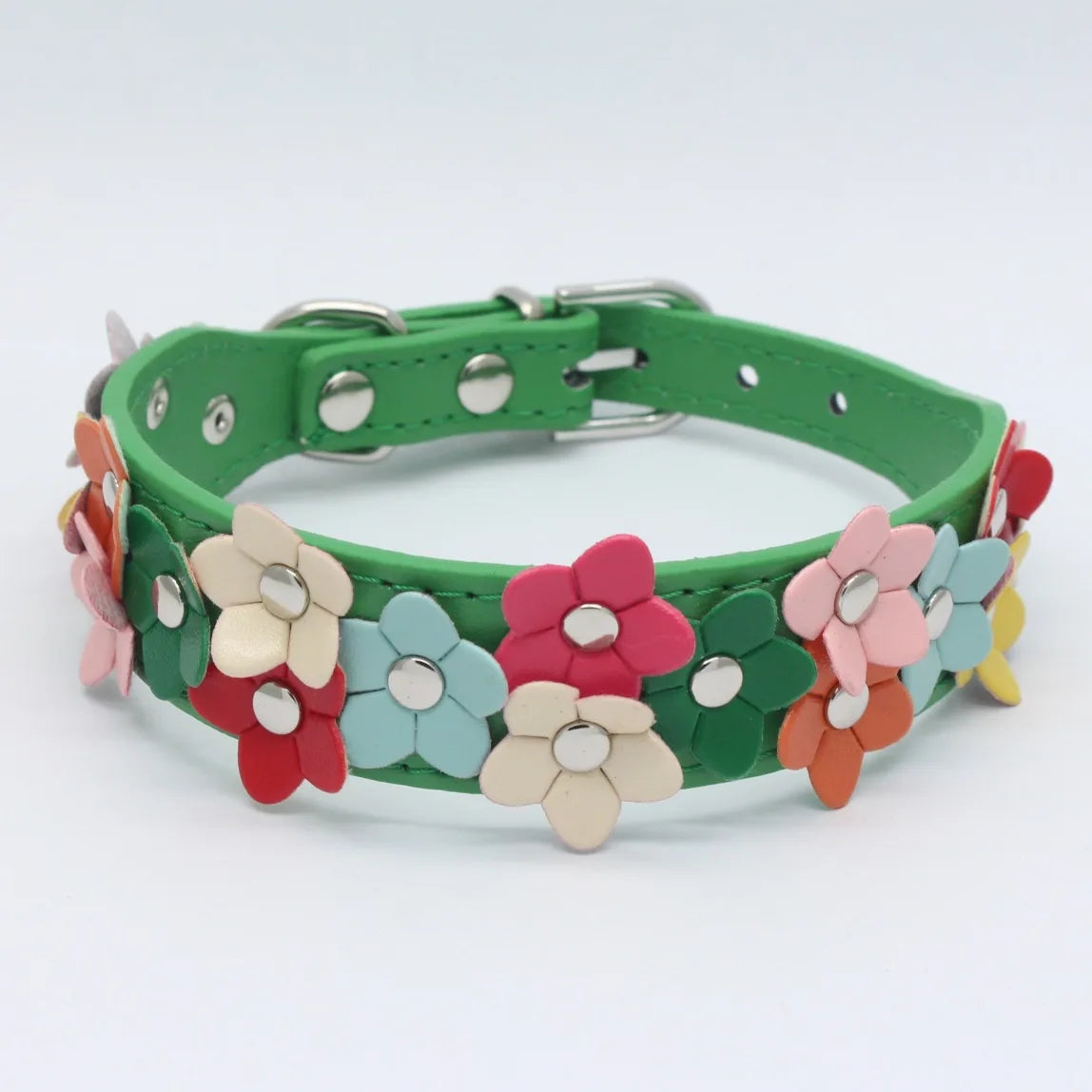 Buntes Blumen Hunde-Halsband aus Leder – Doppelreihiges Flower Pet Collar mit Schnalle für Welpen & kleine Hunde
