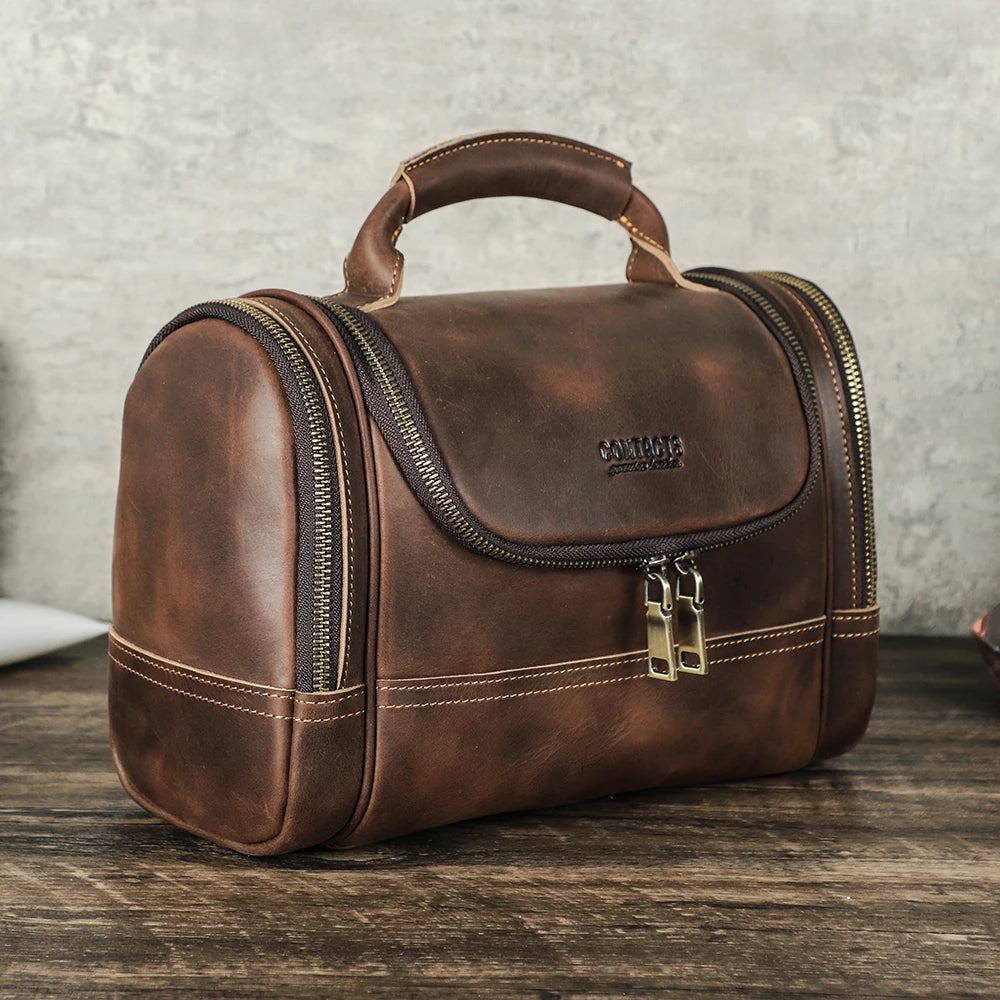 Großer Echtleder Kulturbeutel aus Crazy Horse Leder – Vintage Reise- & Business Waschbeutel für Damen & Herren