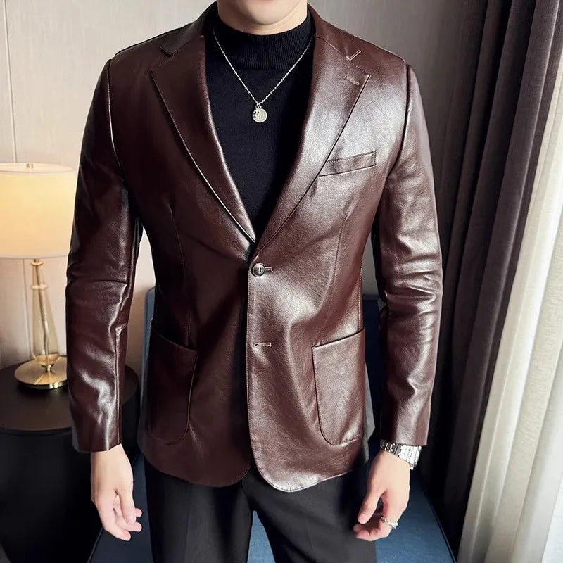 Herren PU Lederjacke Slim Fit – Eleganter Lederblazer mit Reverskragen für Business & Smart Casual