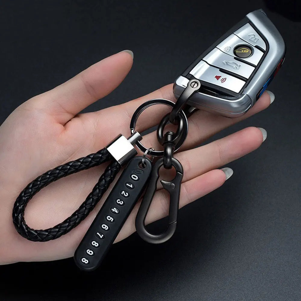 Trendiger DIY Leder-Schlüsselanhänger mit geflochtenem Seil – Anti-Verlust Keychain für Auto & Motorrad, schlichter Keyring mit Metallring in Schwarz
