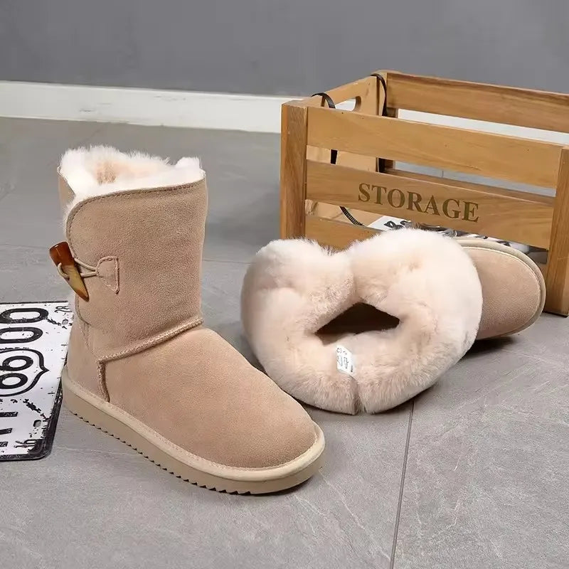 Damen Snow Boots aus echtem Leder & Naturfell – Klassische Winterstiefel aus Wildleder, warm gefüttert & wasserdicht