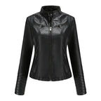Damen Slim Lederjacke – Kurze Bikerjacke mit Stehkragen & Reißverschluss, Monochromer Look, Modische All-Season Jacke