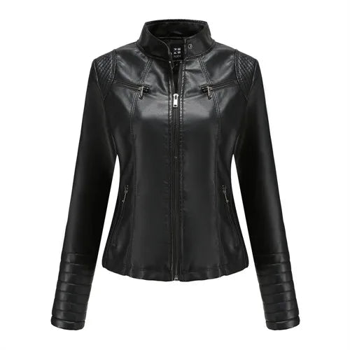Damen Slim Lederjacke – Kurze Bikerjacke mit Stehkragen & Reißverschluss, Monochromer Look, Modische All-Season Jacke