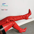 Damen Overknee Stiefel mit seitlichem Reißverschluss – Spitze Thigh-High Boots aus Lederoptik mit 12 cm Stiletto & Plateau (bis Größe 47)