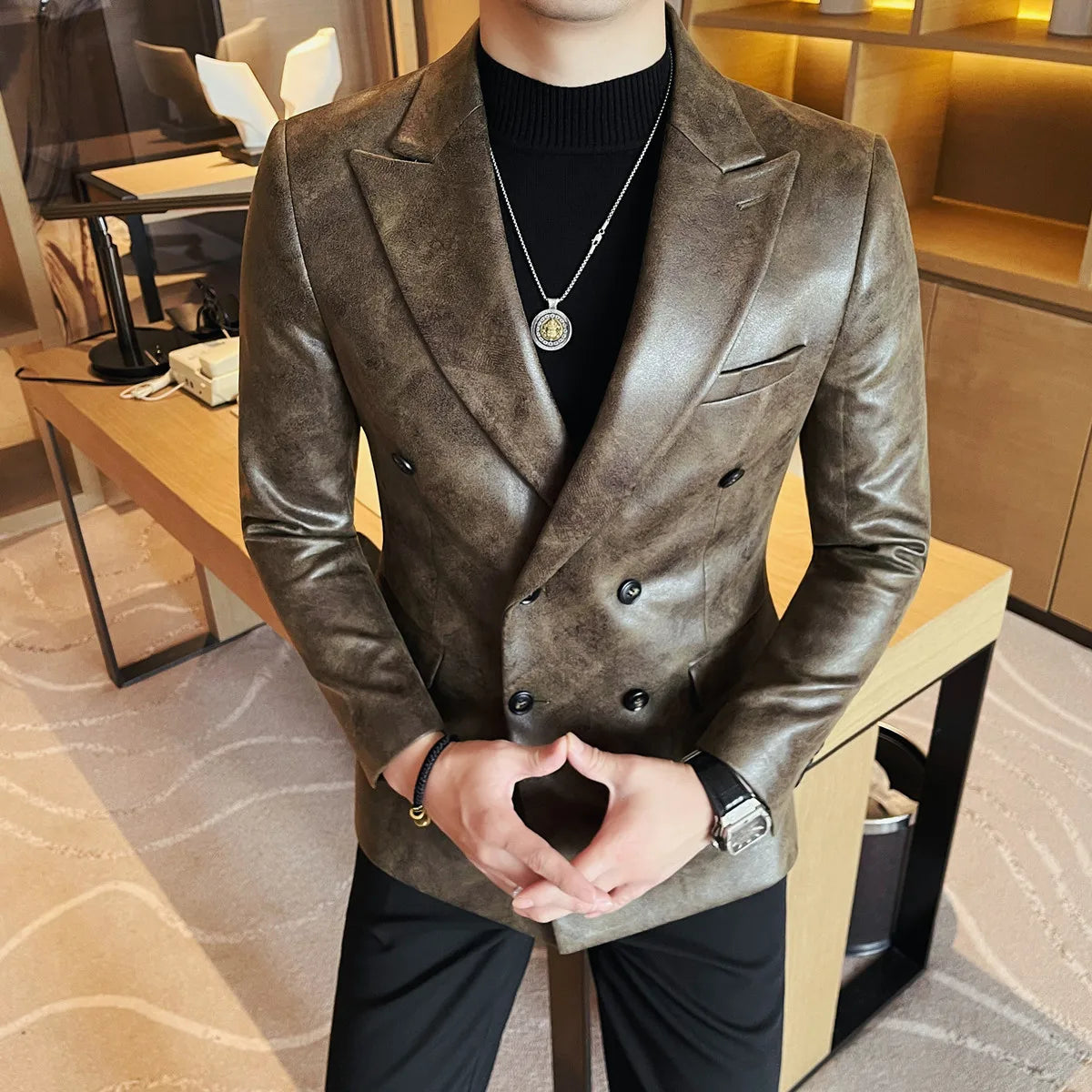 Rétro homme en cuir Sakko dans le style britannique – Blazer slim plus élégant pour les affaires, le temps, les fêtes et les banques