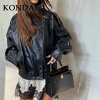 KONDALA Damen Kunstleder Mantel Herbst & Winter 2025 – Vintage Faux Leather Coat mit Reißverschluss, Umlegekragen & Epauletten, Streetwear Look