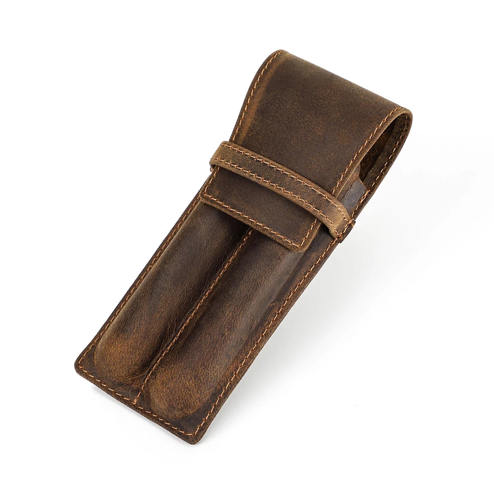Handgefertigter Stiftehalter aus Rindsleder – Estuche para bolígrafos de cuero Crazy Horse para 1–3 Stifte, Lederetui retro para la escuela y la oficina 