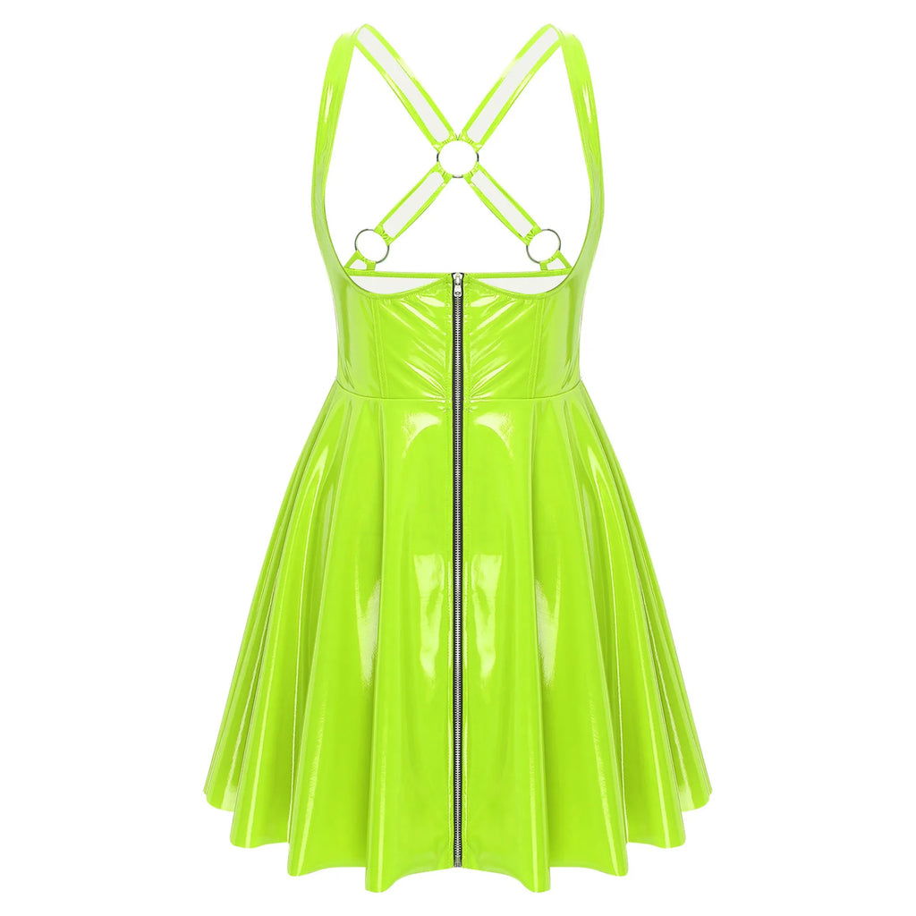 Ropa de cuero de PU con apariencia húmeda y estilo gótico punk: vestido ceñido al cuerpo con cremallera frontal, copas recortadas y una línea A asimétrica 