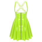 Ropa de cuero de PU con apariencia húmeda y estilo gótico punk: vestido ceñido al cuerpo con cremallera frontal, copas recortadas y una línea A asimétrica 