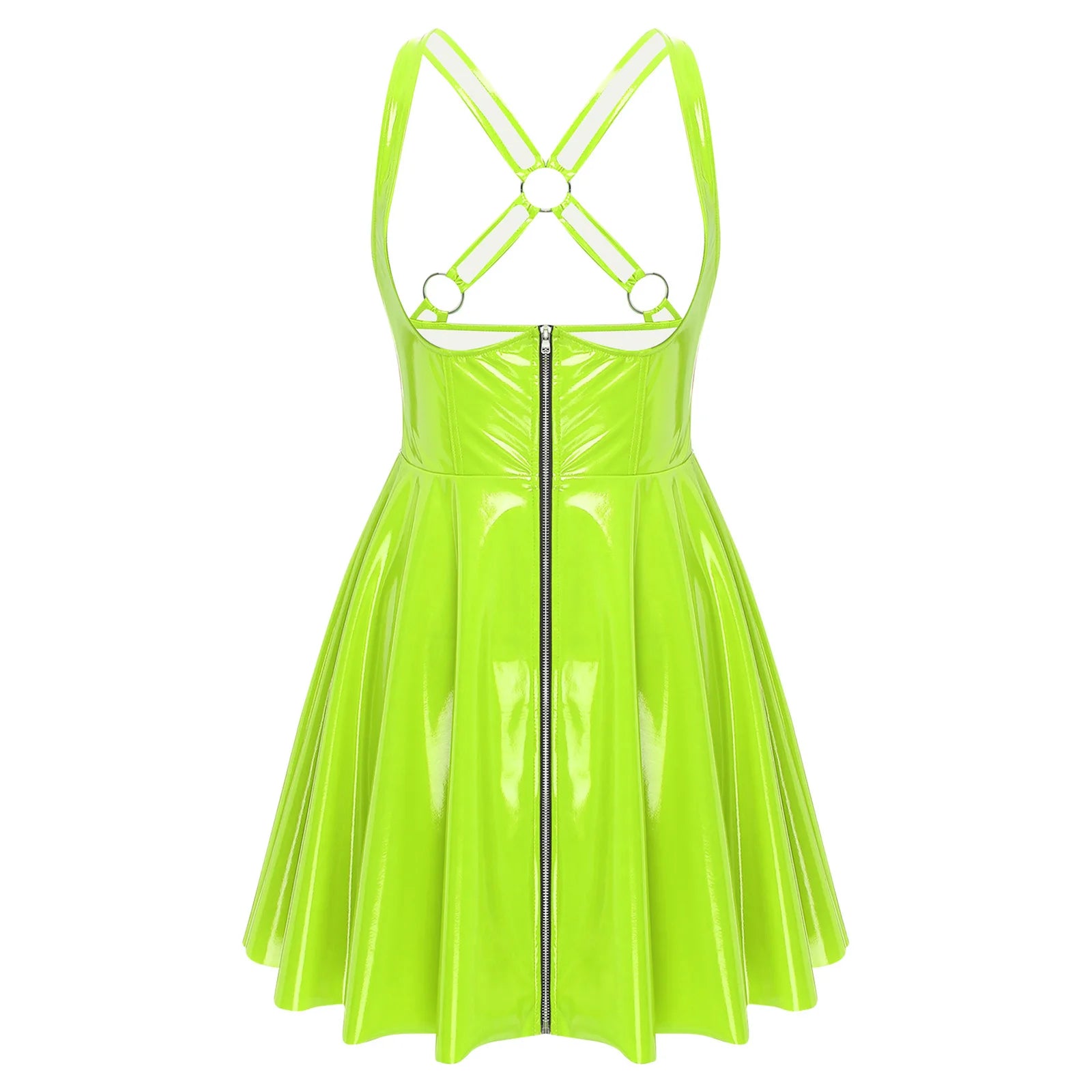 Gothic Punk Wet-Look PU-Leder Kleid – Ärmelloses Bodycon Clubkleid mit Front-Zipper, Cut-Out Cups & asymmetrischer A-Linie