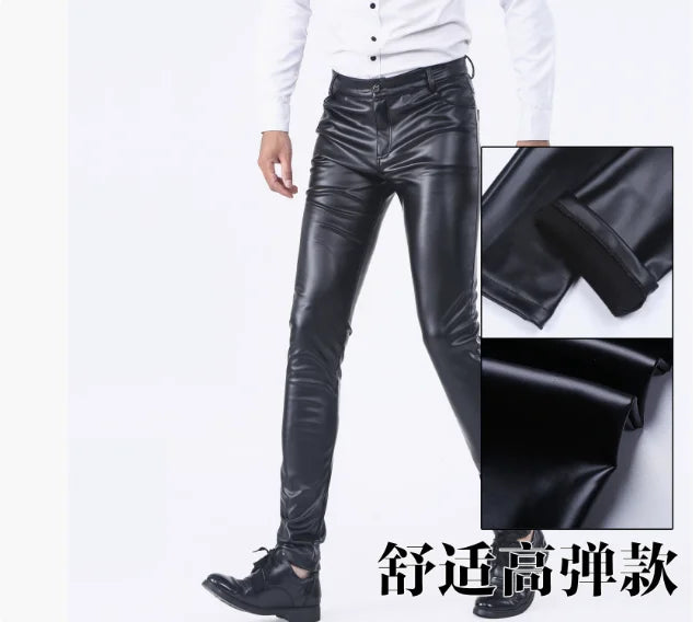 Herren Stretch PU Lederhose im Biker-Stil – Modische Pencil Pants in Gold, Rot, Blau, Schwarz, Weiß & Silber (Gr. 28–40)