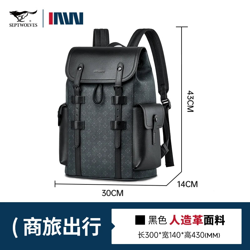 SEPTWOLVES Business Leder Rucksack Herren – Designer Laptop Rucksack mit Monogramm, Kordelzug & Klappenverschluss