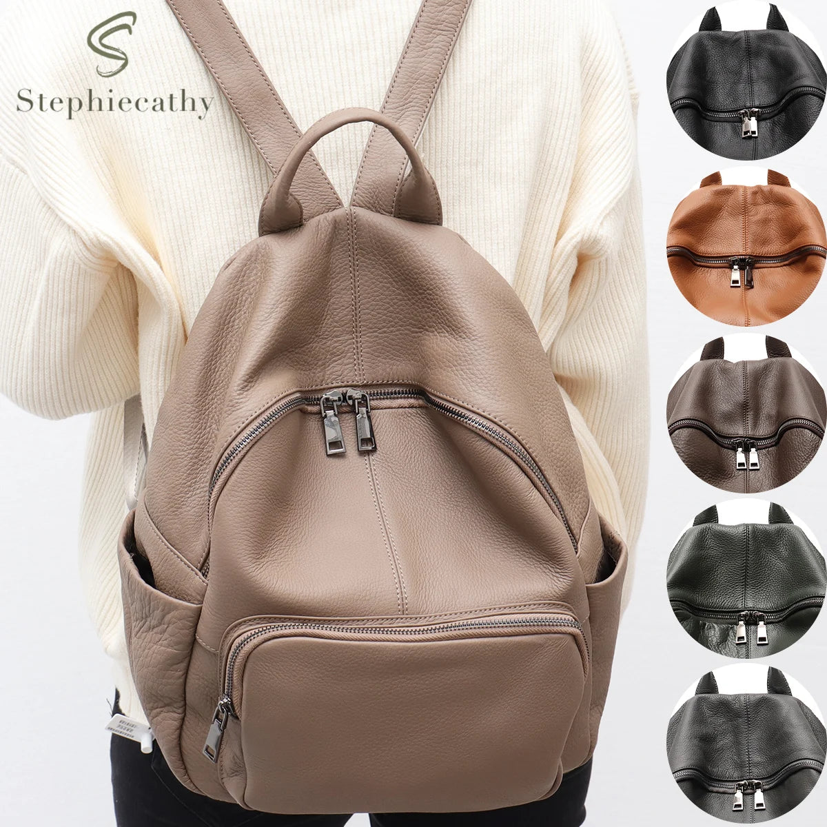 STEPHIECATHY Rucksack aus weichem Echtleder – Unisex Leder-Rucksack mit Multi-Reißverschlussfächern für Alltag & Reise