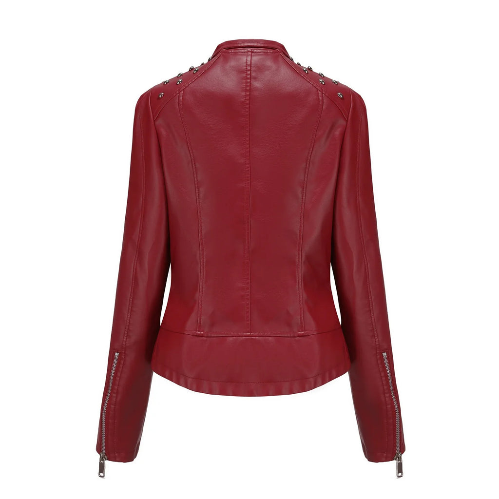 Damen Punk Biker Lederjacke mit Nieten – Kurze Slim Fit Faux Leather Jacke mit Reverskragen, Retro Moto Jacke für Frühjahr & Herbst