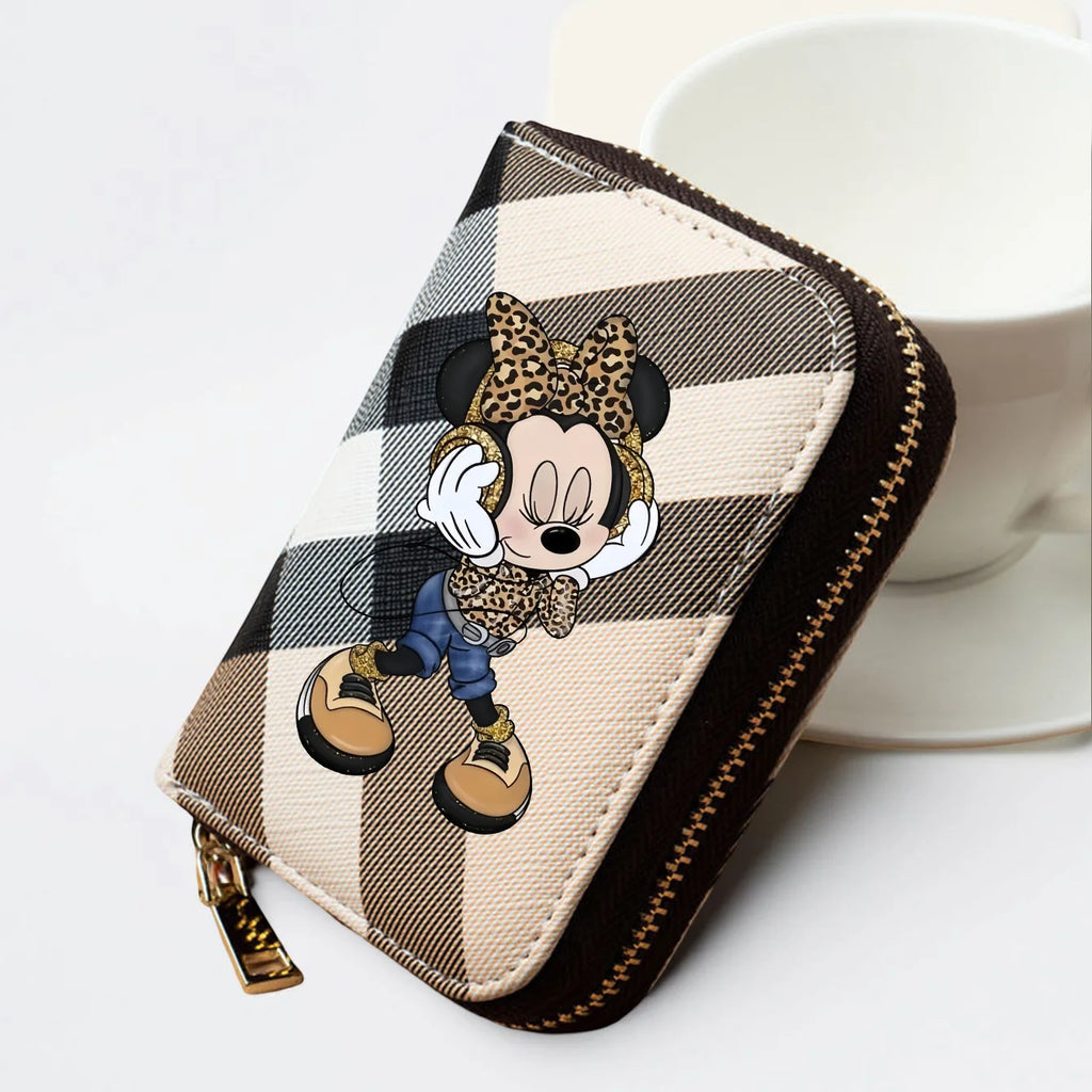 Potdemiel Damen Geldbörse aus PU-Leder – Kurze Wallet mit Reißverschluss, Minnie Karomuster &amp; Leoparden-Design, Kartenfächer in 3 Farben