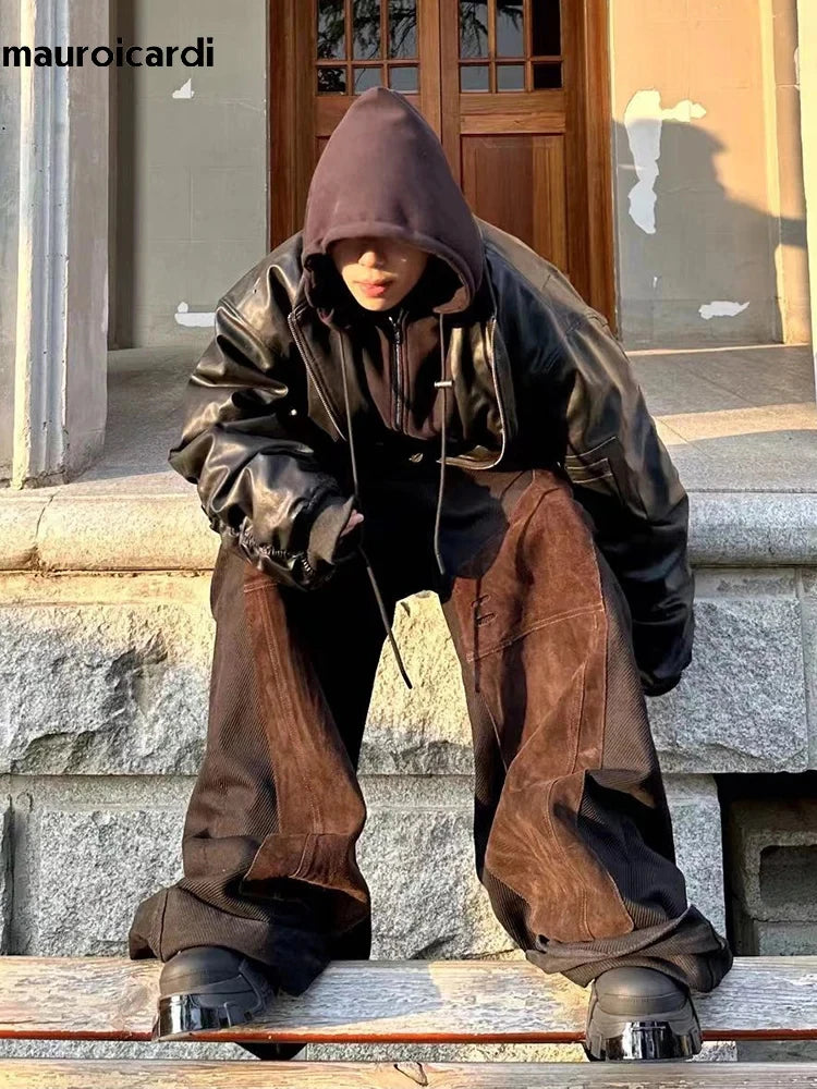 Bomberjacke surdimensionné en cuir PU pour hommes en noir – Veste de créateur chaude avec des vêtements de style streetwear pour l'hiver et l'hiver