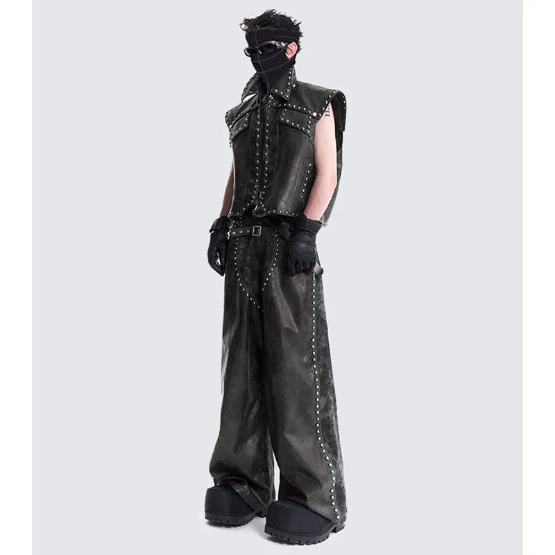 Herren High Street Leder Biker Weste mit Nieten – Punk Style Motorrad Weste, ärmellos mit Reißverschluss & Umlegekragen