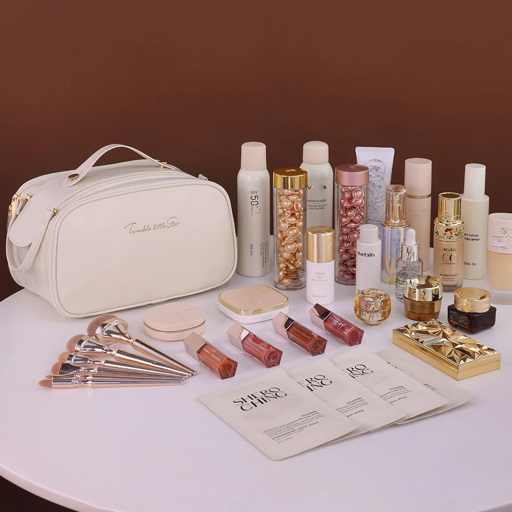 Rosa Kosmetiktasche aus PU-Leder – Fête de l'eau, double sac de maquillage avec une grande taille