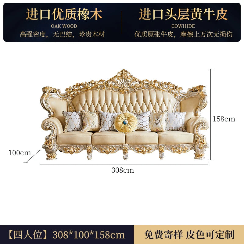 Elegantes Echtleder Sofa mit Massivholzrahmen – Luxuriöses Lounge Sofa im europäischen Stil für Wohnzimmer & Apartment