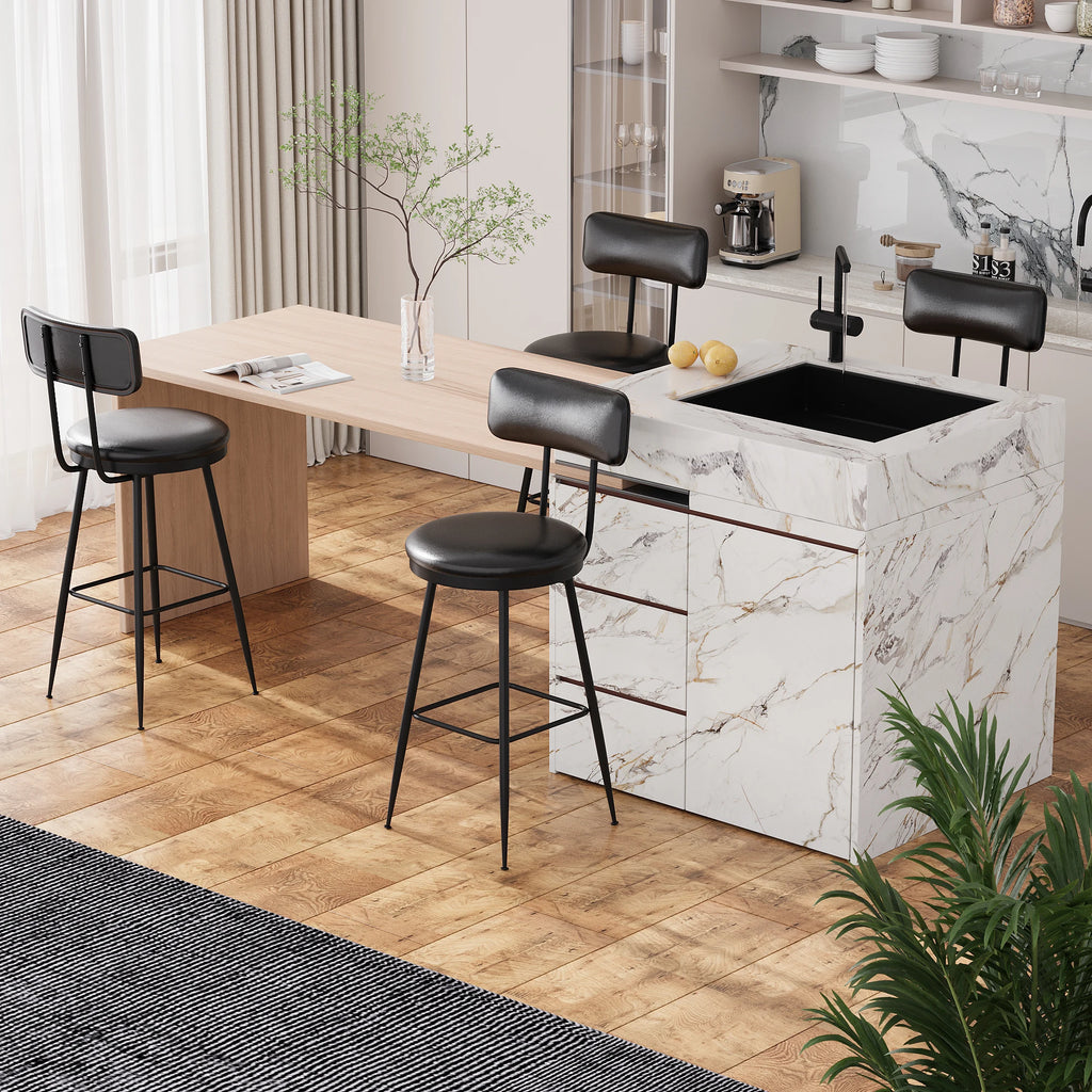 Comanlai Barstühle 2er Set – Hohe Barhocker mit Rückenlehne aus PU-Leder, moderne Küchen- & Barstühle mit Metallbeinen in Schwarz
