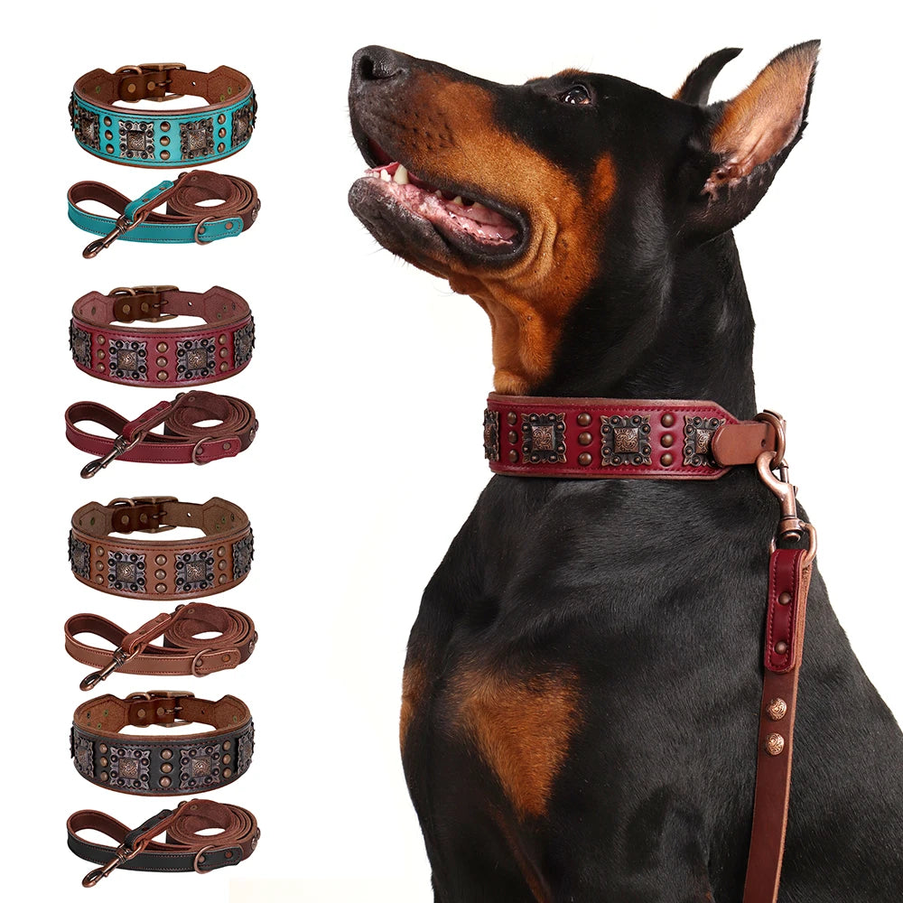 Luxus Leder Hundehalsband & Leinen Set – Breites, gepolstertes Echtleder mit Metallnieten für große & kräftige Hunde