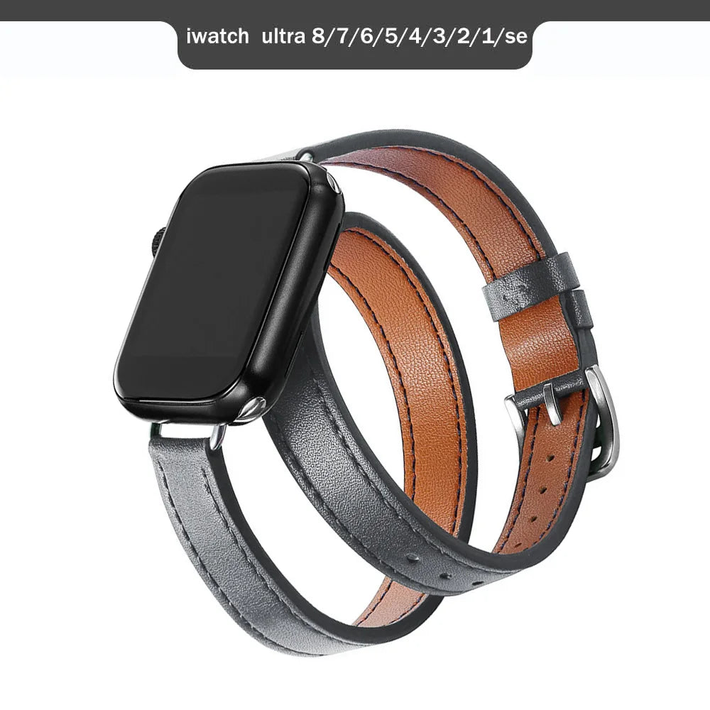 Brazalete de cuero de doble recorrido para Apple Watch Ultra y Series: brazalete de cuero premium para 49 mm, 45 mm, 44 mm, 42 mm, 41 mm, 40 mm y 38 mm 