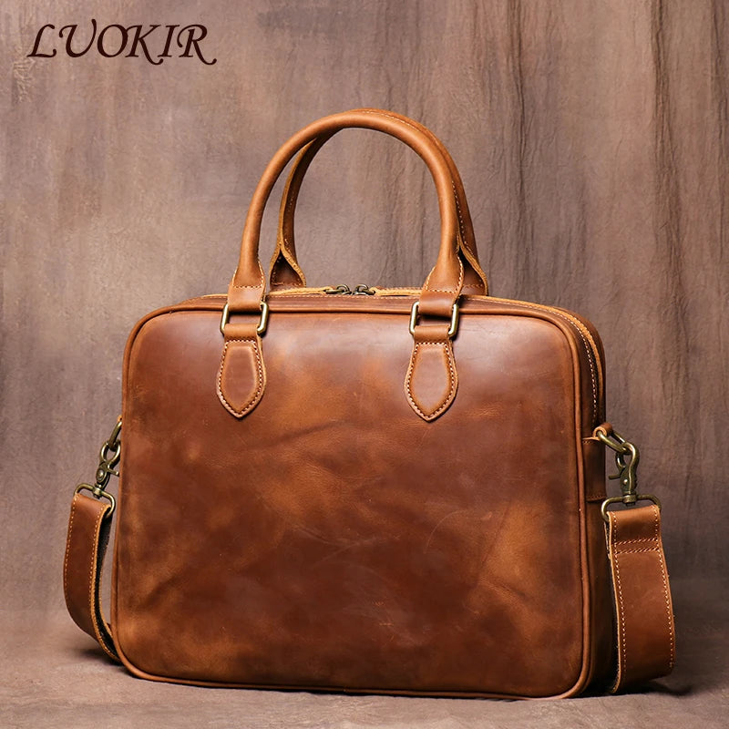 LUOKIR Vintage Herren Aktentasche aus echtem Crazy-Horse-Rindsleder – Schlichte Business- &amp; Laptoptasche für 14 Zoll, Dokumentenmappe für Büro &amp; Alltag